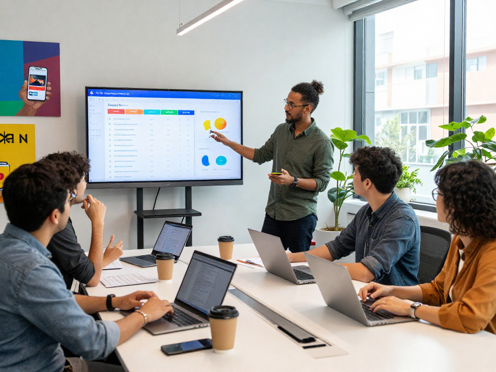 Team collaborating in a modern office to buy iOS installs, showcasing app marketing success strategies.