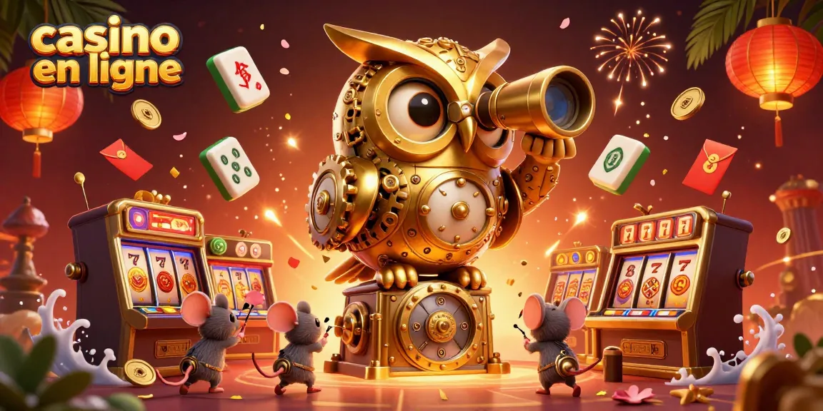 Plongez dans l'ambiance du casino en ligne avec une illustration animée d'un hibou d'or détectant des jeux et des souris entre les machines à sous.