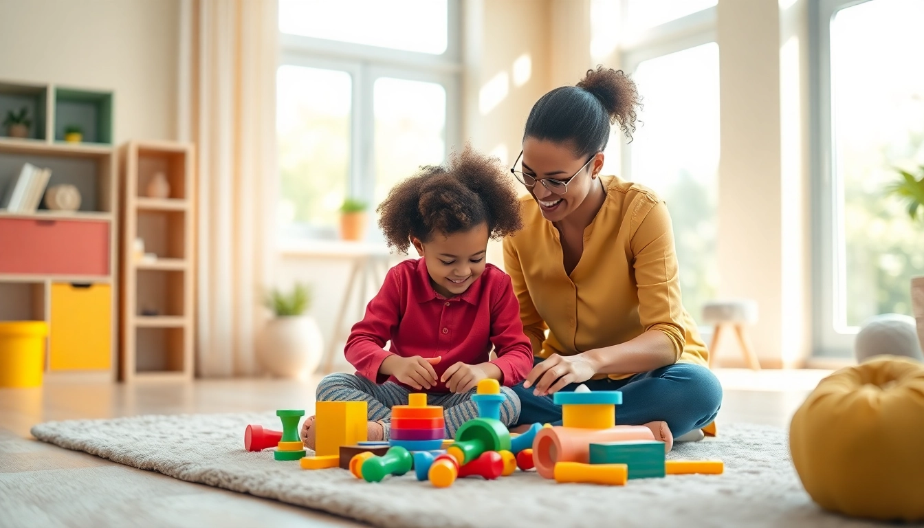 Therapist engaging child in early intervention ABA strategies, promoting a supportive learning environment.