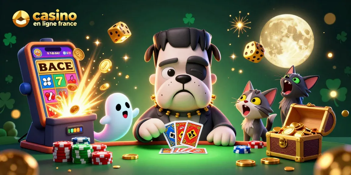 Le bulldog Frankenstein joue aux cartes dans un casino en ligne France avec un bébé loup-garou et des pièces d'or éclatantes.