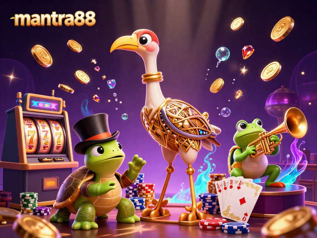 Spin the reels at mantra88, featuring a lively 3D casino scene with golden coins, poker chips, and fun characters.