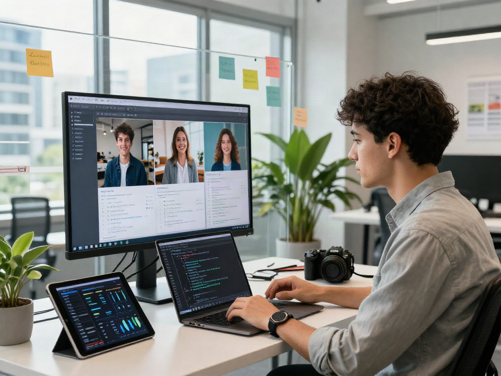 AI Image Detection analysis in a modern workspace with a data analyst reviewing AI-generated images on a large screen.
