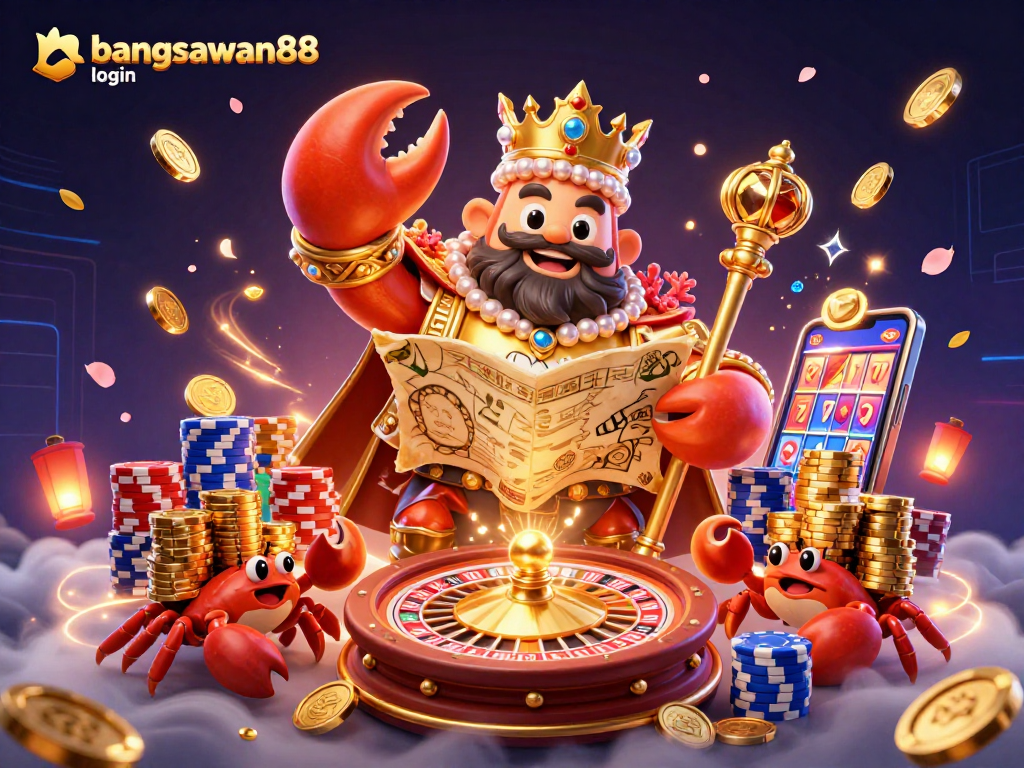 Bangsawan88 login showcases a vibrant 3D scene with a golden crab emperor, treasure map, and casino elements.