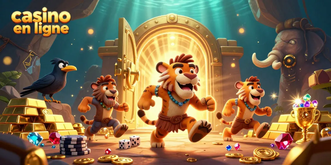 Gagnez vos mises au casino en ligne avec des personnages amusants dans une scène vibrante remplie de trésors.