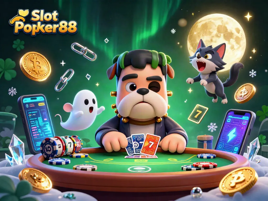 Engage with Slot Poker88 at this lively 3D illustration featuring vibrant characters and dynamic casino elements.