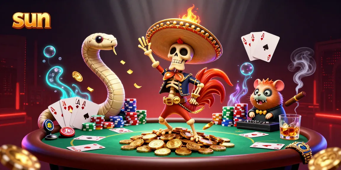 Engaging sun-themed casino scene with a mariachi rooster, mummy snake, and DJ hamster playing poker.