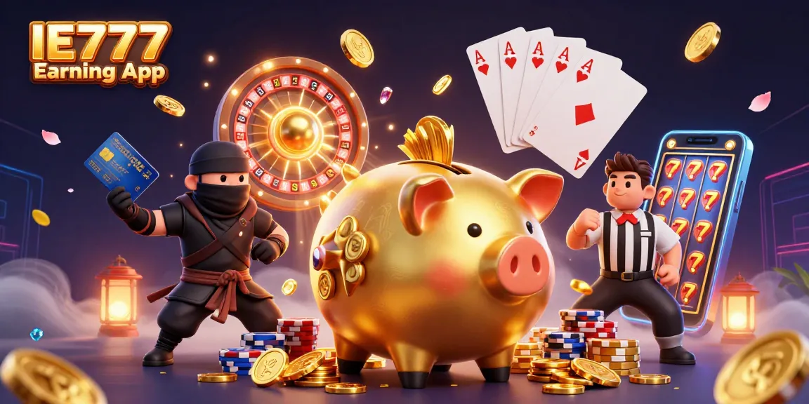 Experience the excitement of the IE777 Earning App with a golden piggy sumo wrestling coins in a vibrant casino scene.