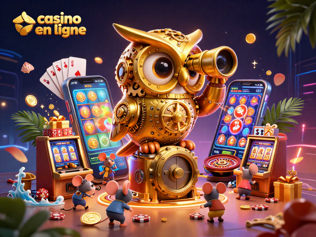 Scannez le sol du casino en ligne avec une illustration d'horloge en or et des souris mécaniques.