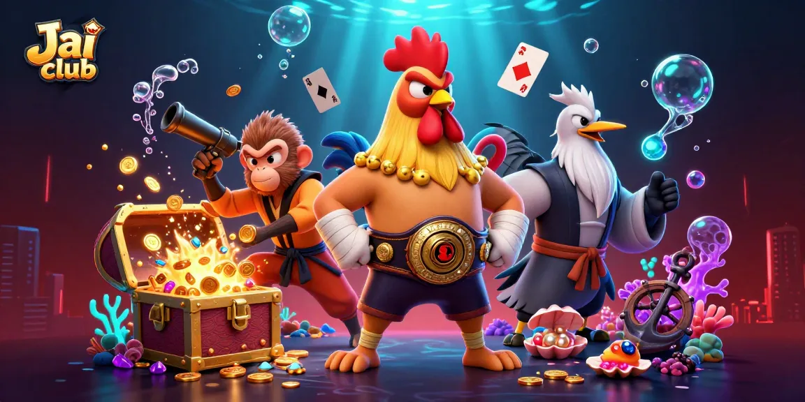 Engage with Jai club's vibrant games featuring a 3D rooster, monkey, and crane in an explosive casino scene.