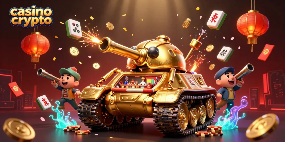 Gioca nel casino crypto con un carro armato dorato e festoni di gioco in un'illustrazione vivace.