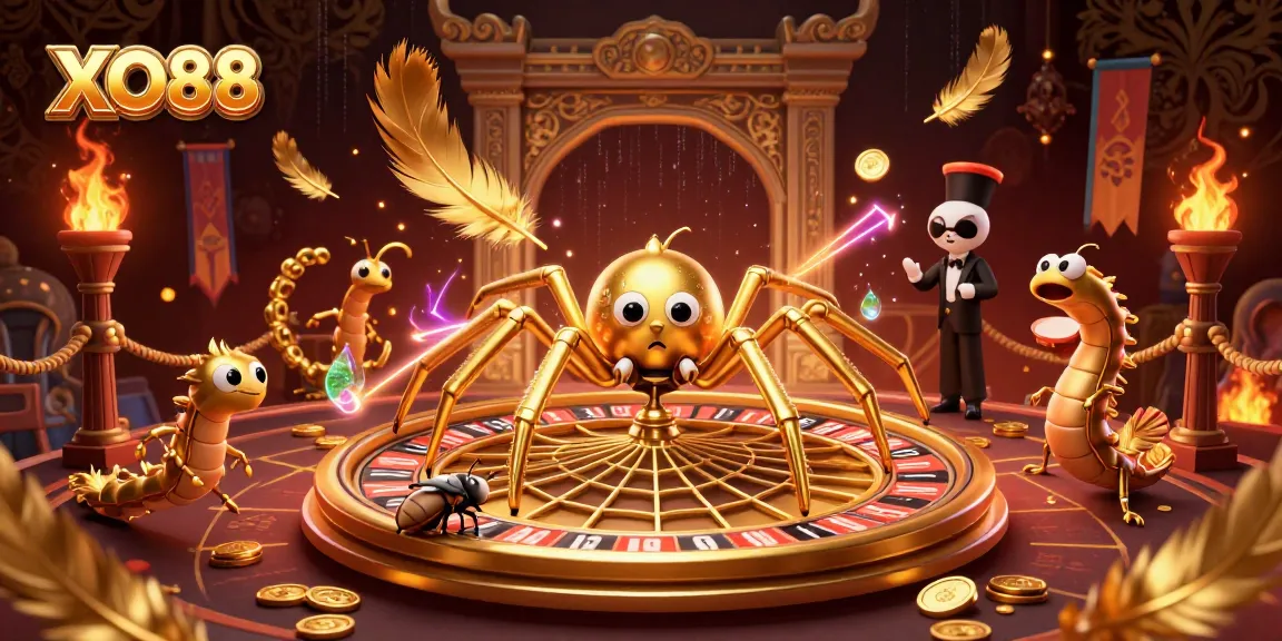 Place bets at XO88 with a spider spinning a roulette wheel web in a vibrant casino scene.
