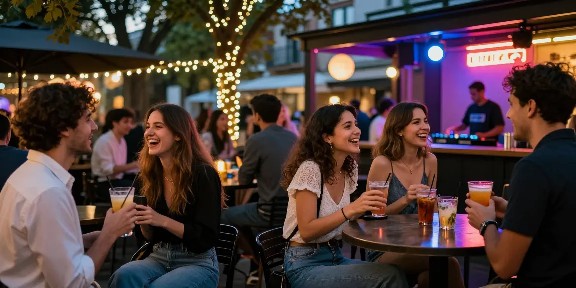 Engaging nightlife scene highlighting diverse young adults enjoying at an 오피사이트 bar, illuminated by vibrant neon lights.