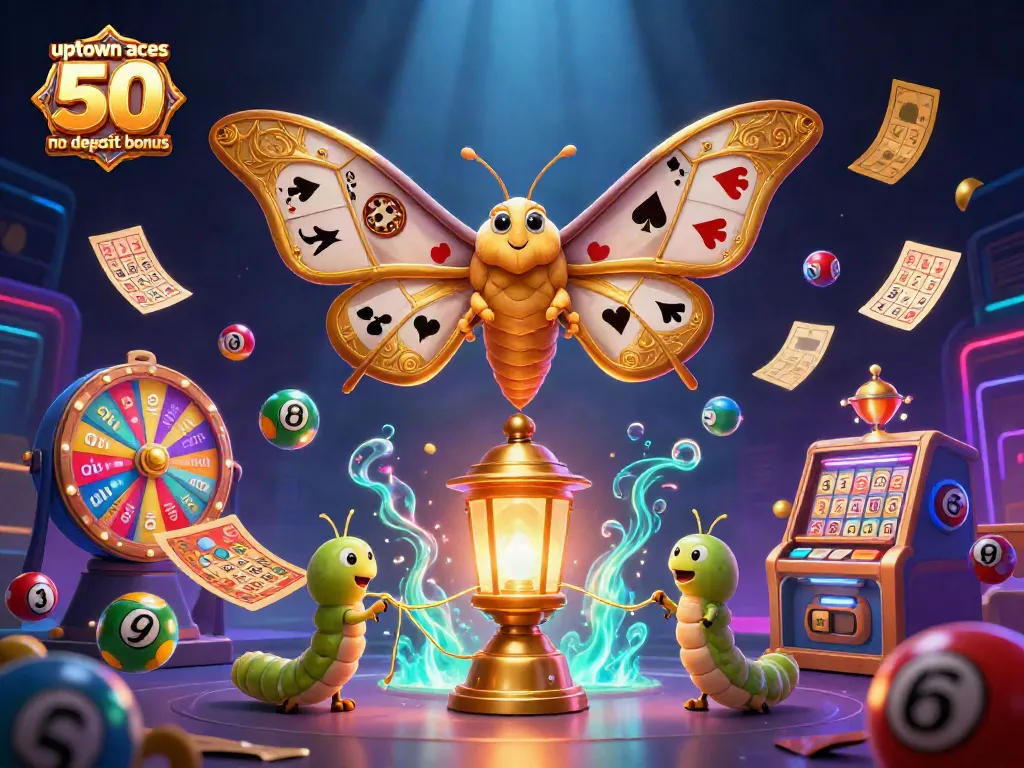 Claim the uptown aces 50 no deposit bonus with golden moths and vibrant lottery elements in a rich casino scene.
