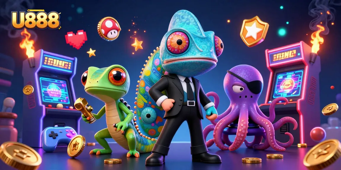 Engage with U888's thrilling gameplay featuring colorful character illustrations in a dynamic casino setting.