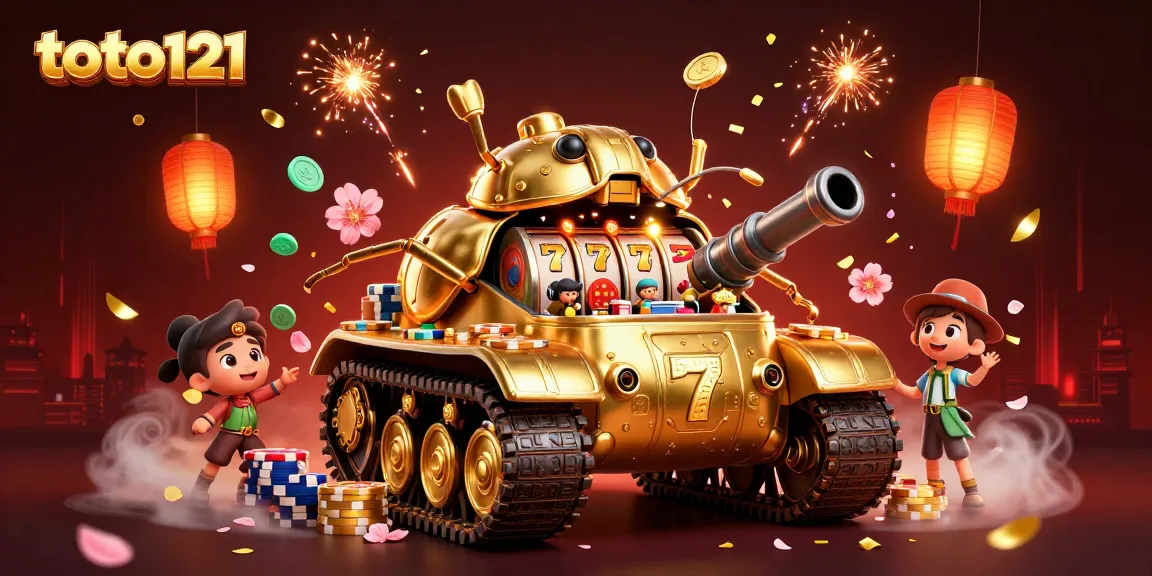 Play at toto121, featuring a golden beetle tank casino illustration with dynamic slot game elements.