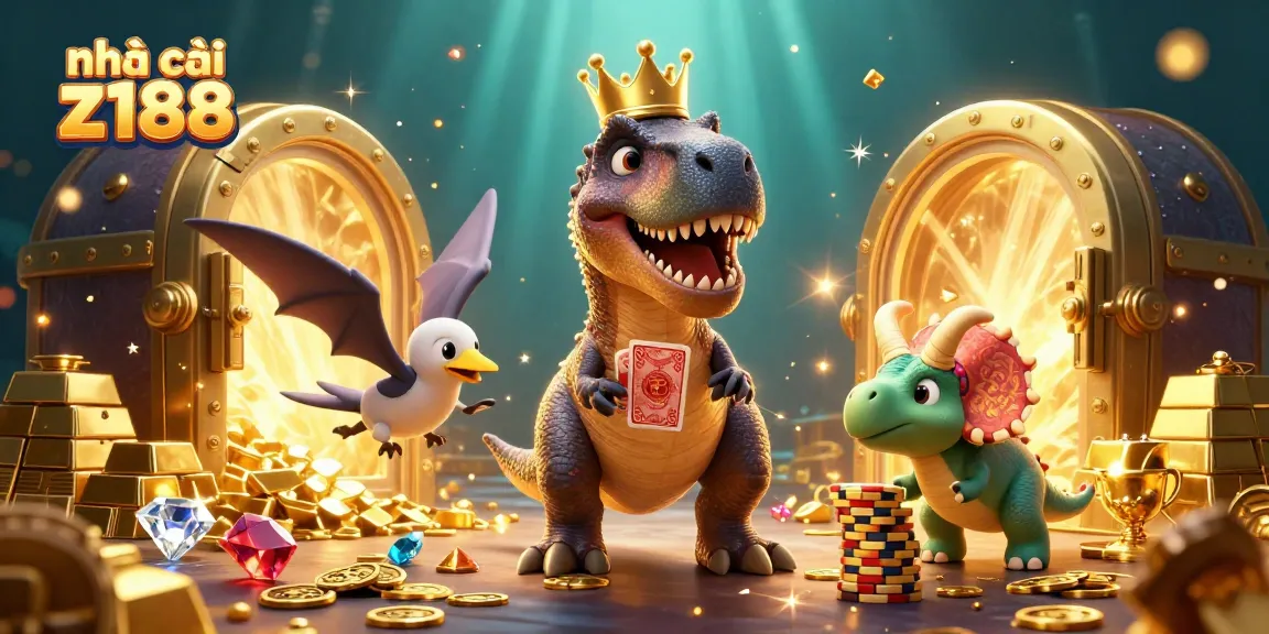 Experience excitement with nhà cái z188 in an adventurous 3D casino scene featuring fun dinosaur characters.