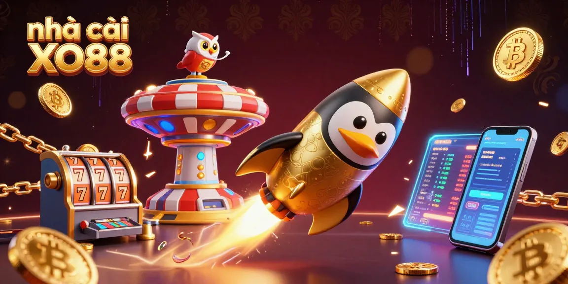 Engage with nhà cái XO88 in a vibrant, casino-themed cosmic adventure featuring a penguin and crypto elements.