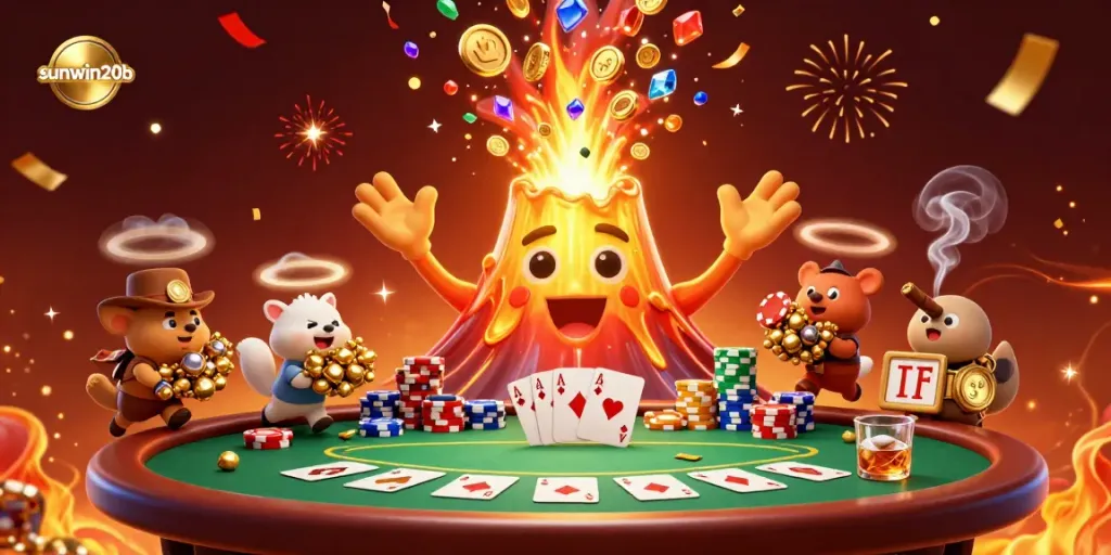 Experience the thrilling eruption of wealth with sunwin20b's golden volcano, overflowing with treasures at the poker table.