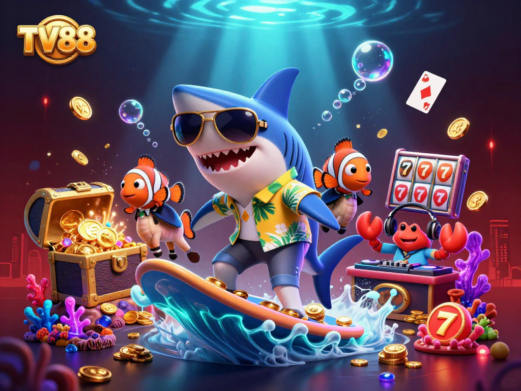 Engage in exciting gameplay at TV88 with vibrant 3D scene filled with characters and casino elements.