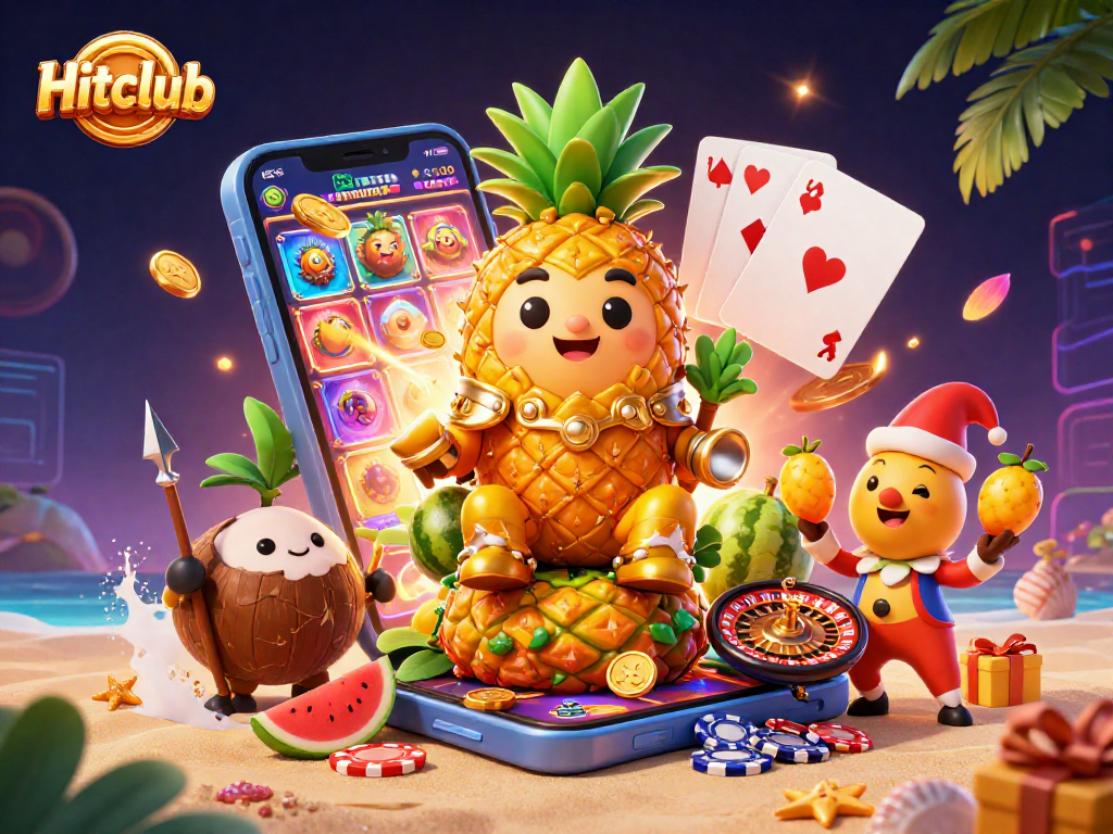 Experience vibrant gaming at Hitclub with a golden pineapple king and dynamic casino elements.