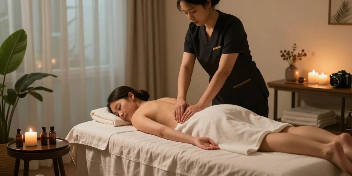 마사지 치료를 받는 고객과 전문 마사지사, 편안한 분위기와 아로마 향기