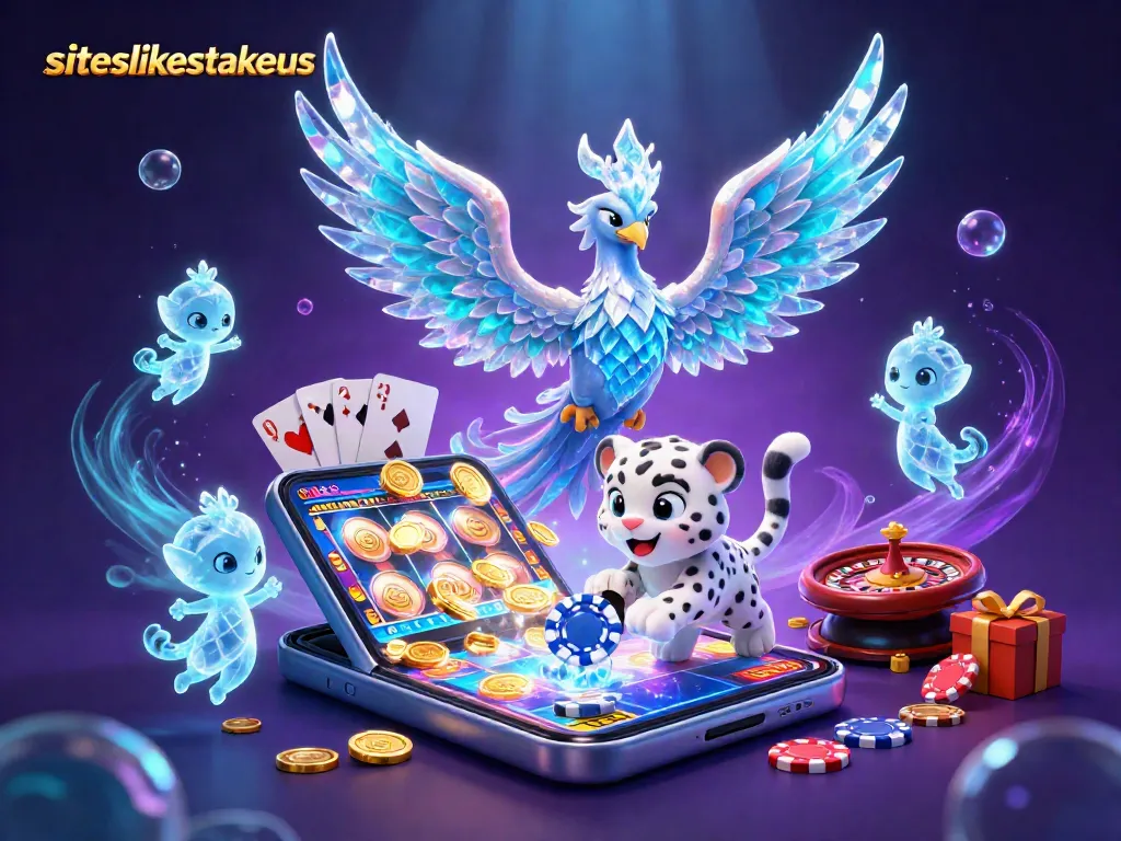 Play exciting games like slots and poker at siteslikestakeus in a vibrant, immersive 3D scene.