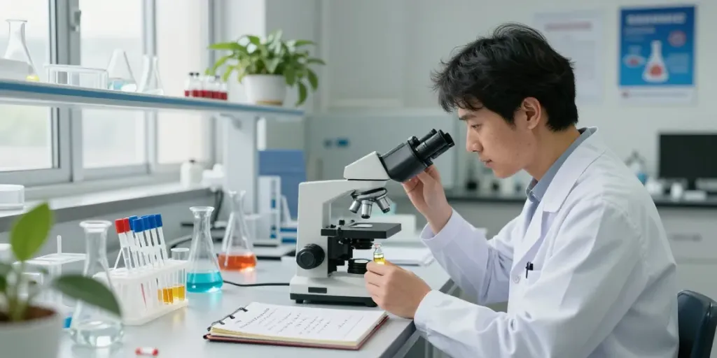 Buy glow peptide Canada in a lab scene with a researcher examining peptides under a microscope surrounded by clean glassware.