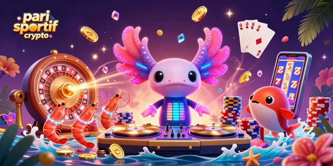 Pari sportif crypto : mise en scène dynamique avec un DJ axolotl et des éléments de casino sous-marins.