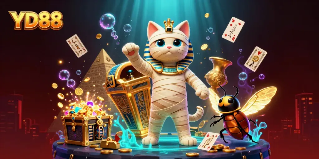Experience thrilling moments at YD88 casino with an enchanting 3D mummy cat and lively gold effects.