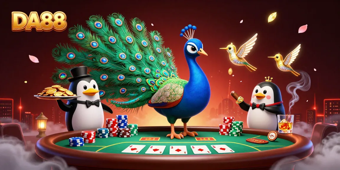 DA88 showcases vibrant casino action with a poker scene featuring an aristocratic peacock and colorful chips.