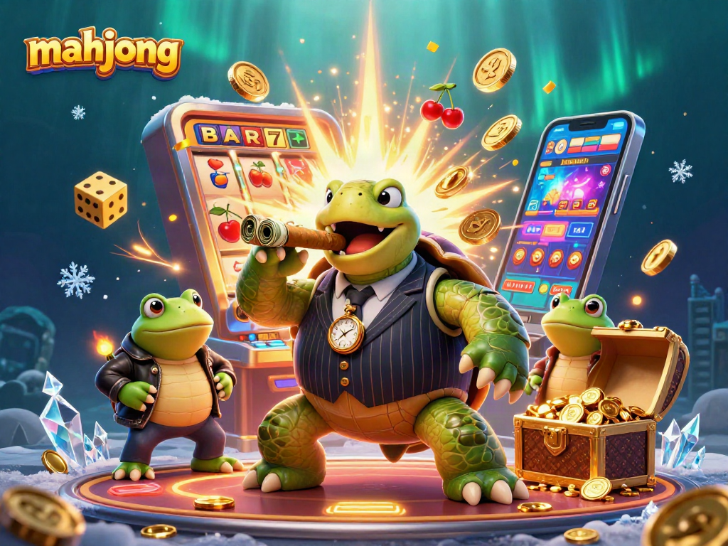 Play mahjong with an exciting casino atmosphere featuring a snapping turtle mobster and vibrant game elements.