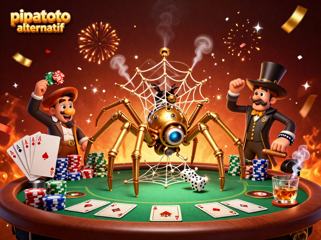 Pipatoto alternatif showcases a vibrant 3D scene of a steampunk spider involved in gaming excitement.