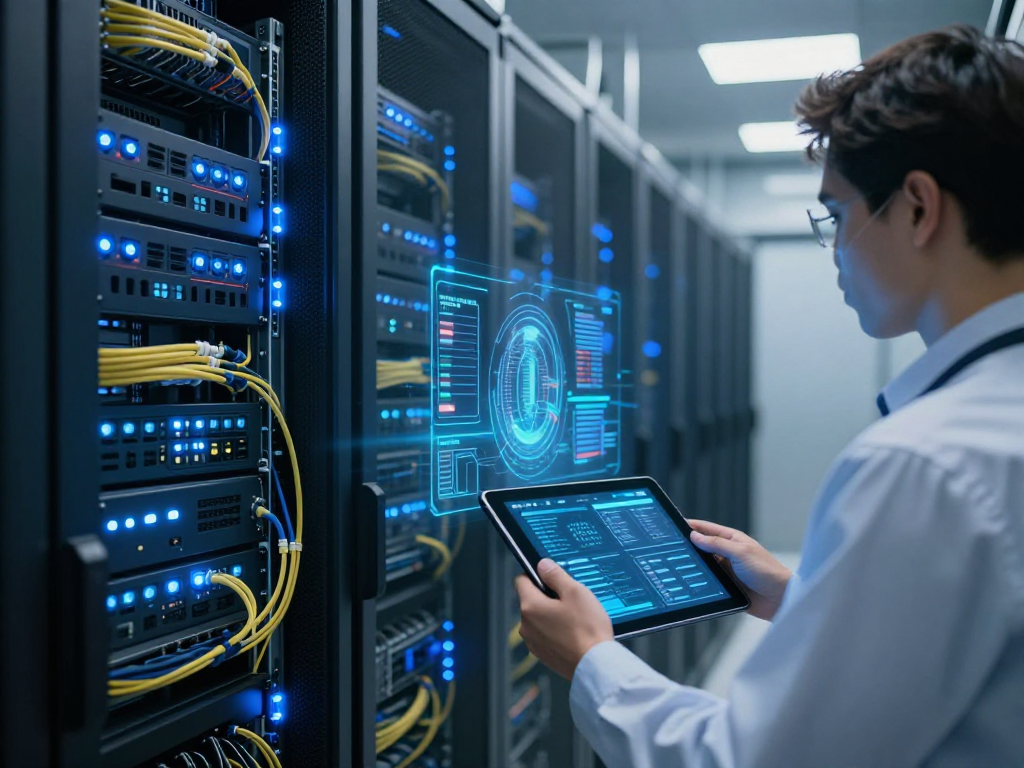 Modern data center with illuminated racks, showcasing comed net metering and energy management innovations.