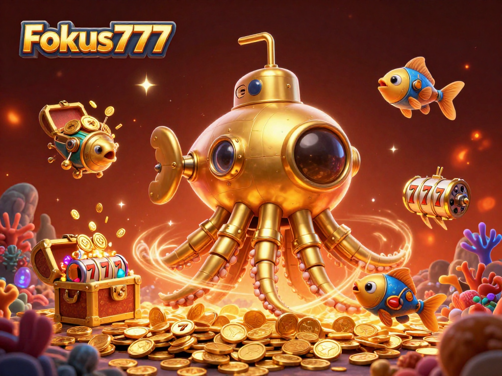 Experience thrilling wins at Fokus777, where a golden kraken submarine rises above a sea of jackpot riches.
