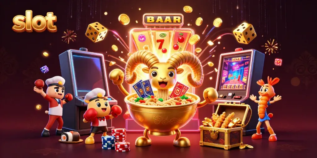 Slot mesin yang menarik dengan karakter kartun 3D menguntungkan dan harta karun bersinar di latar belakang gelap.
