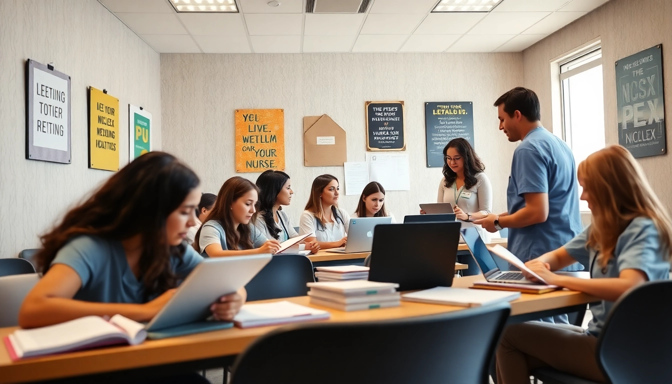 Engaged students in a professional NCLEX review center Houston TX studying with instructors and textbooks.
