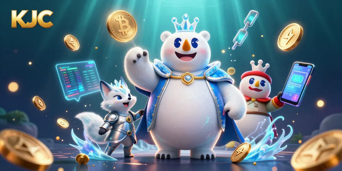 Engage with KJC in this vibrant 3D casino illustration featuring crypto elements.