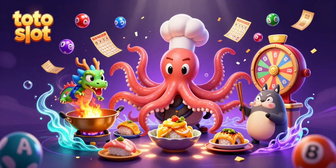 Engage with thrilling toto slot games featuring an octopus chef, dragon, and tanuki in action.