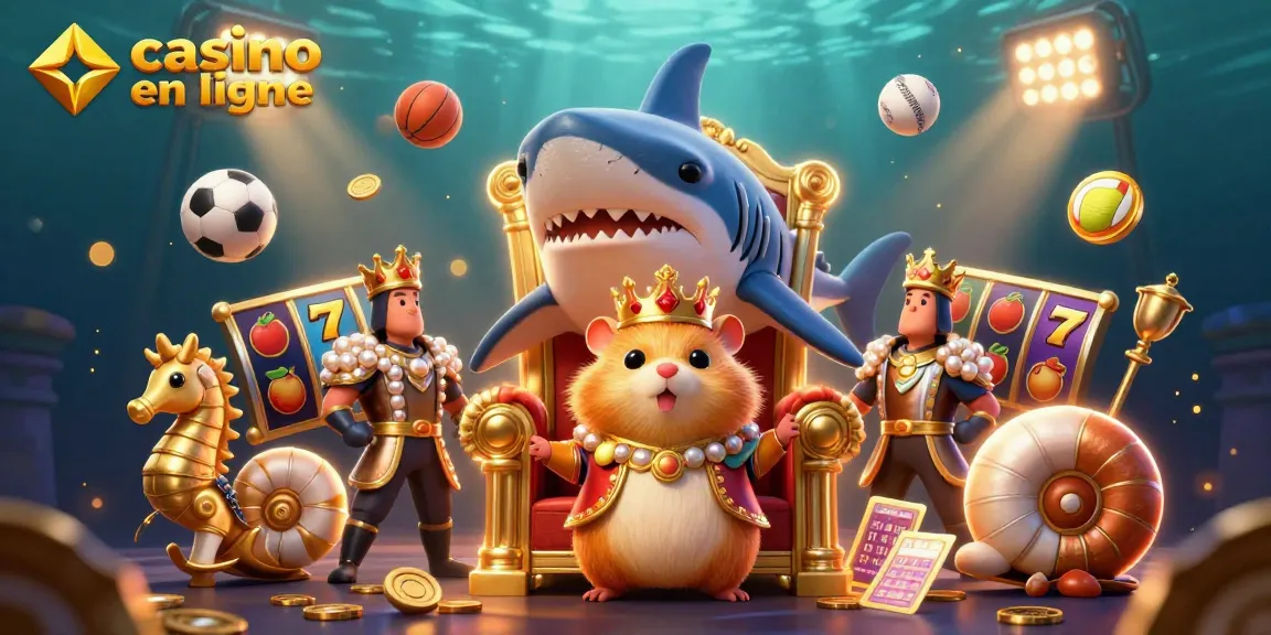 Visuel captivant d'un royaume de casino en ligne avec un roi hamster doré et des gardes hippocampe.