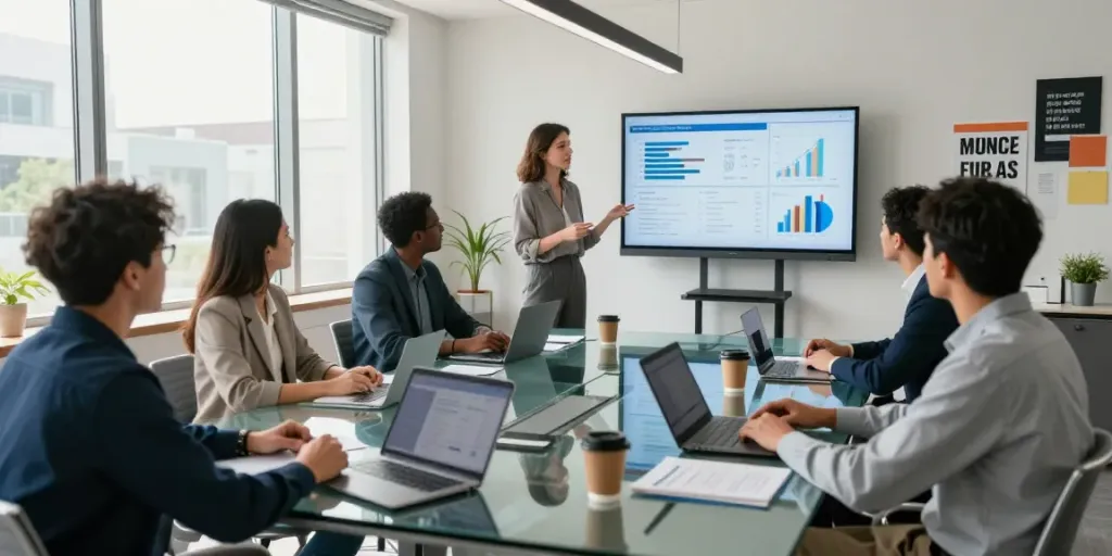 Tim profesional bintang77 berdiskusi di ruang konferensi modern dengan tampilan visual data.