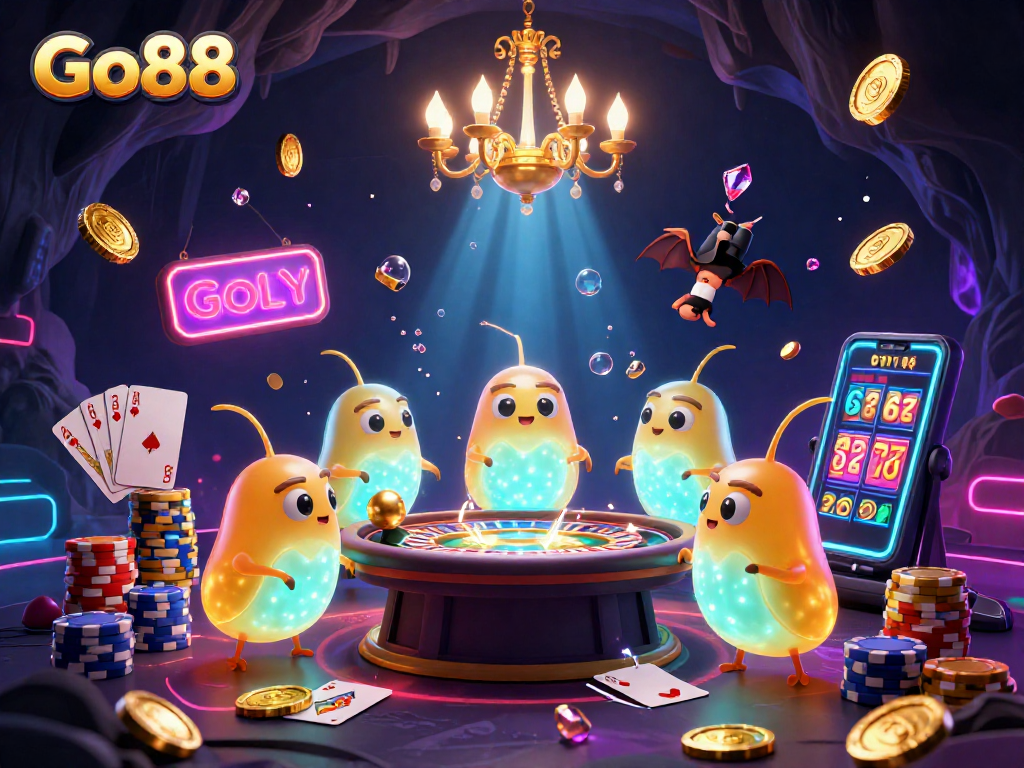 Experience the vibrant Go88 cave casino with glowing glowworms and a bat dealer among casino elements.
