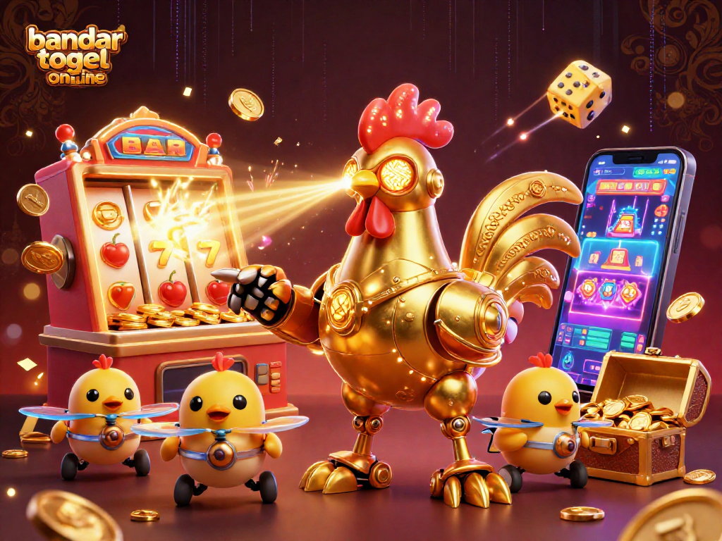Engage with bandar togel online action featuring dynamic golden rooster robot and baby chick drones.