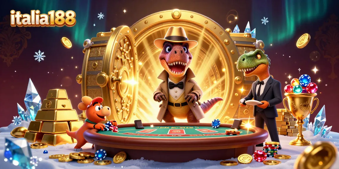 Inilah ilustrasi italia188 yang menampilkan velociraptor di meja blackjack yang dikelilingi harta karun.
