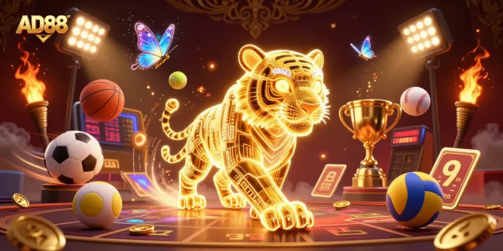 Bet on exhilarating games at AD88 in a vivid casino scene, featuring a golden tiger and dynamic sports elements.