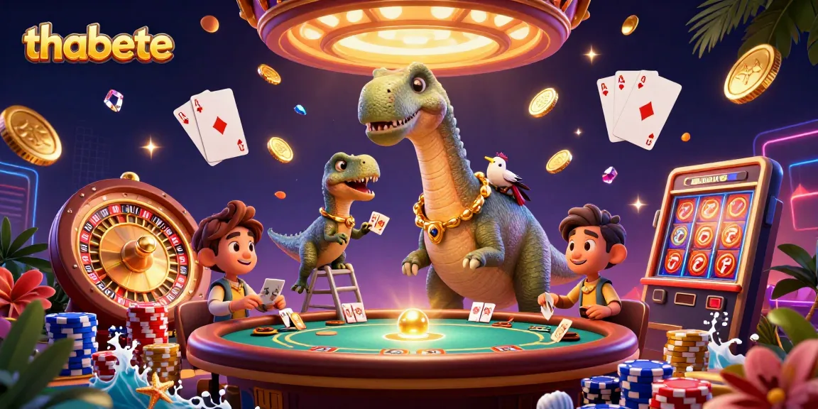 Engage with thabete's vibrant casino scene as a brontosaurus peers over a poker table.
