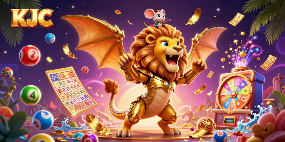 Experience KJC's exhilarating online gaming with a vibrant scene of a chimera and gaming elements.