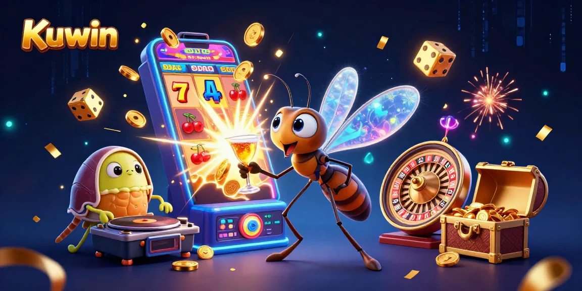 Kuwin's vibrant casino world comes alive with a frozen-in-amber mosquito mascot, trilobite DJ, and golden roulette.