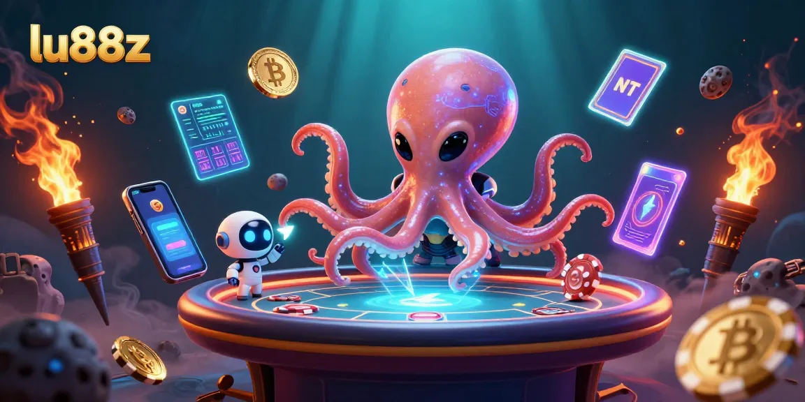 Engage in thrilling poker with lu88z's alien octopus dealer and crypto-inspired elements.