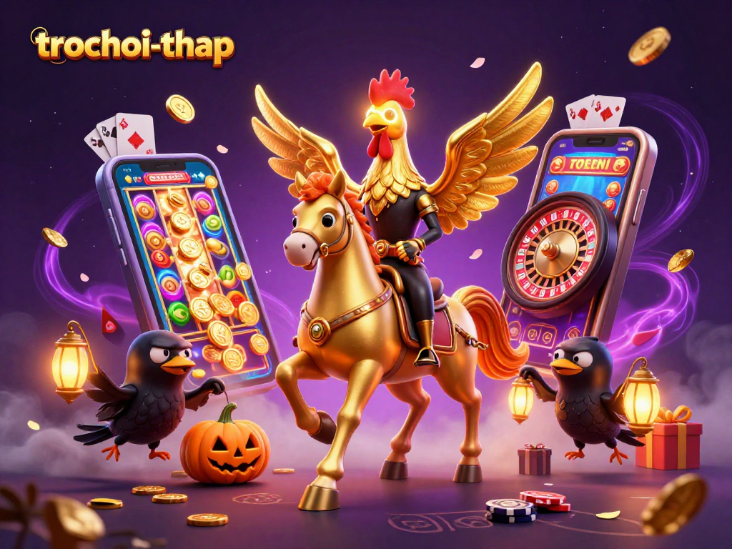 Experience thrilling gameplay in trochoi-thap as a golden rooster conquers challenges in a vibrant casino.