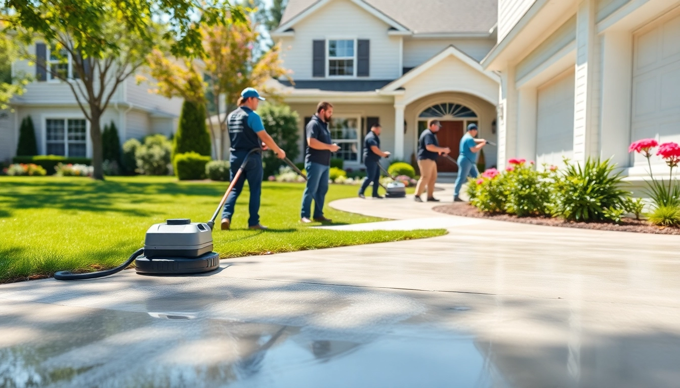 Professionals conducting House Washing on a residential home with vibrant surrounding lawns.